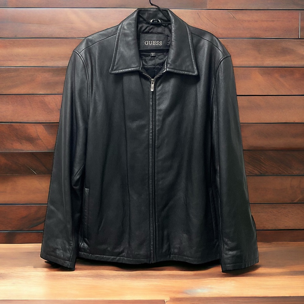 Guess Men’s Warm Quilt Lined Black Genuine Leather Zipper Jacket!